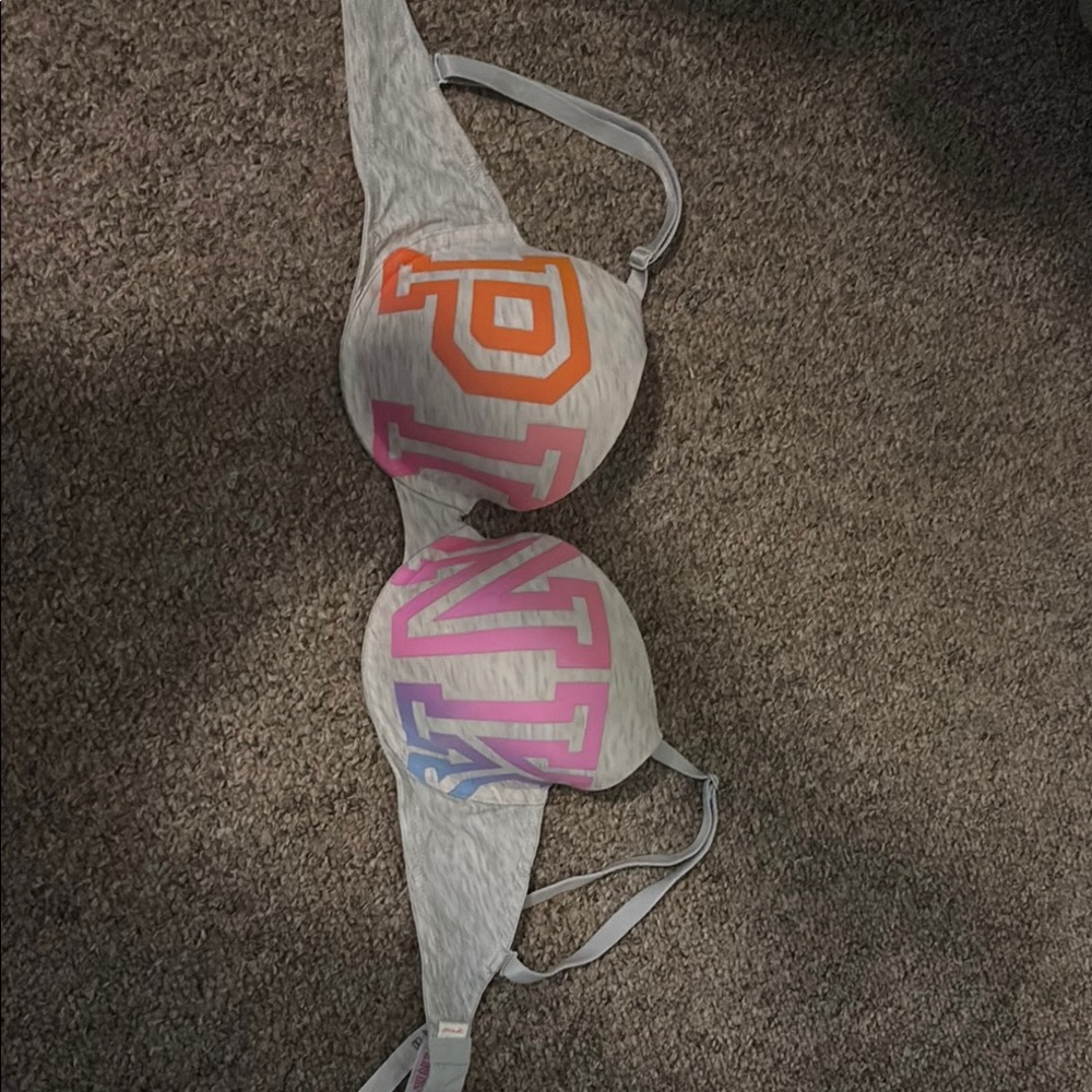 PINK Gray Bra with Pink and Orange Lettering